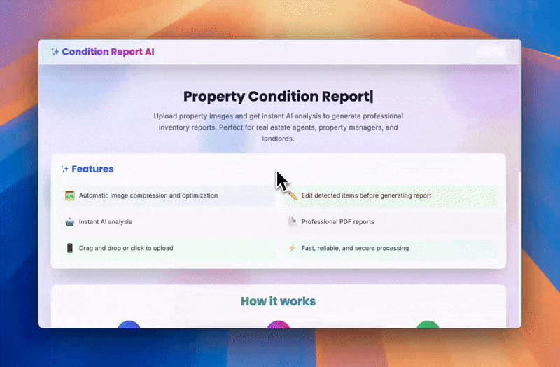 ConditionReportAI Live Demo - Complete workflow from property photos to professional report